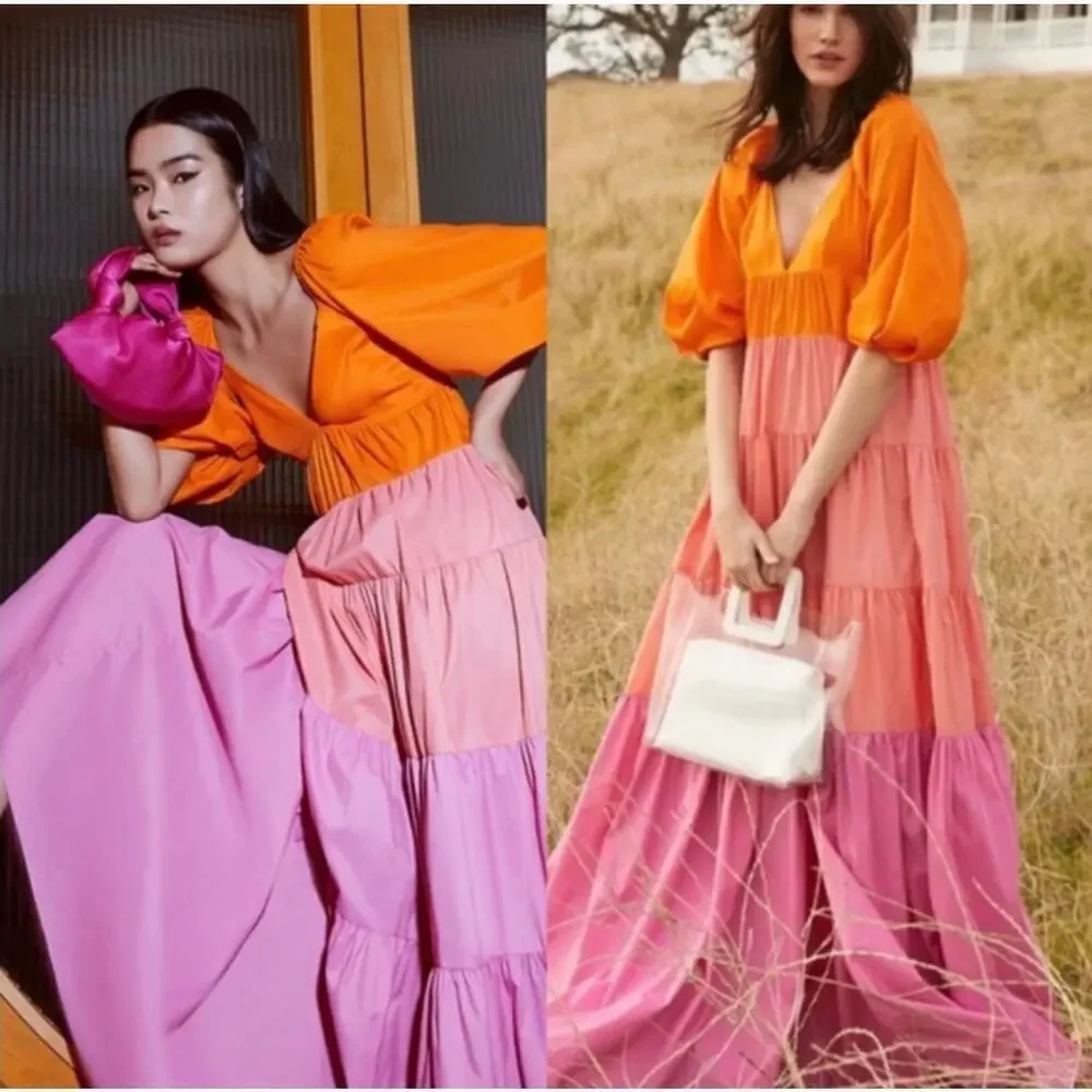 Staud Meadow Color Block Maxi Dress Puff Sleeves Pink Orange Size XS V-Neck